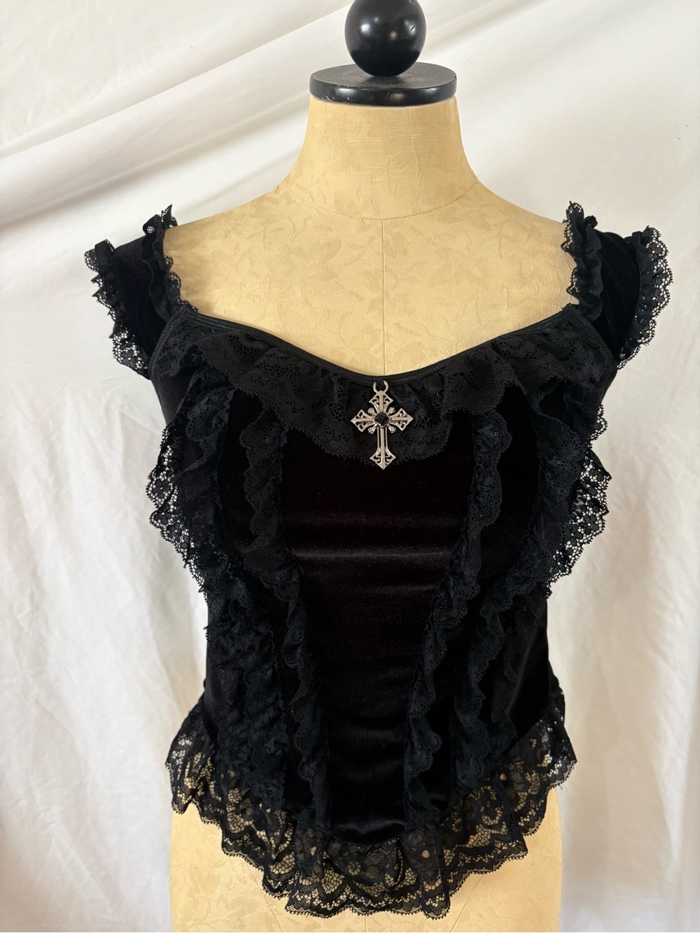 Black lace ruffle velvet gothic blouse top cross whimsygoth